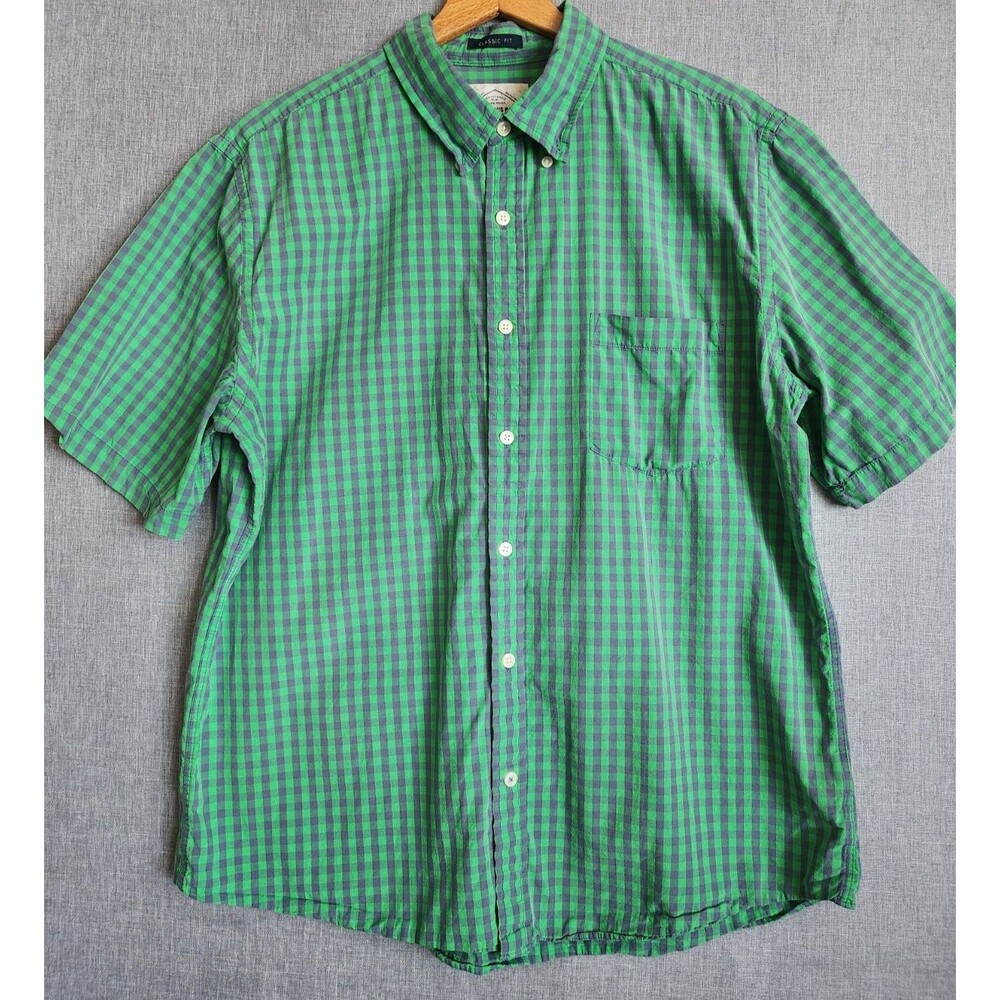 Green & Purple Checked Poplin Button Up Short Sleeve Shirt Large L St John's Bay
